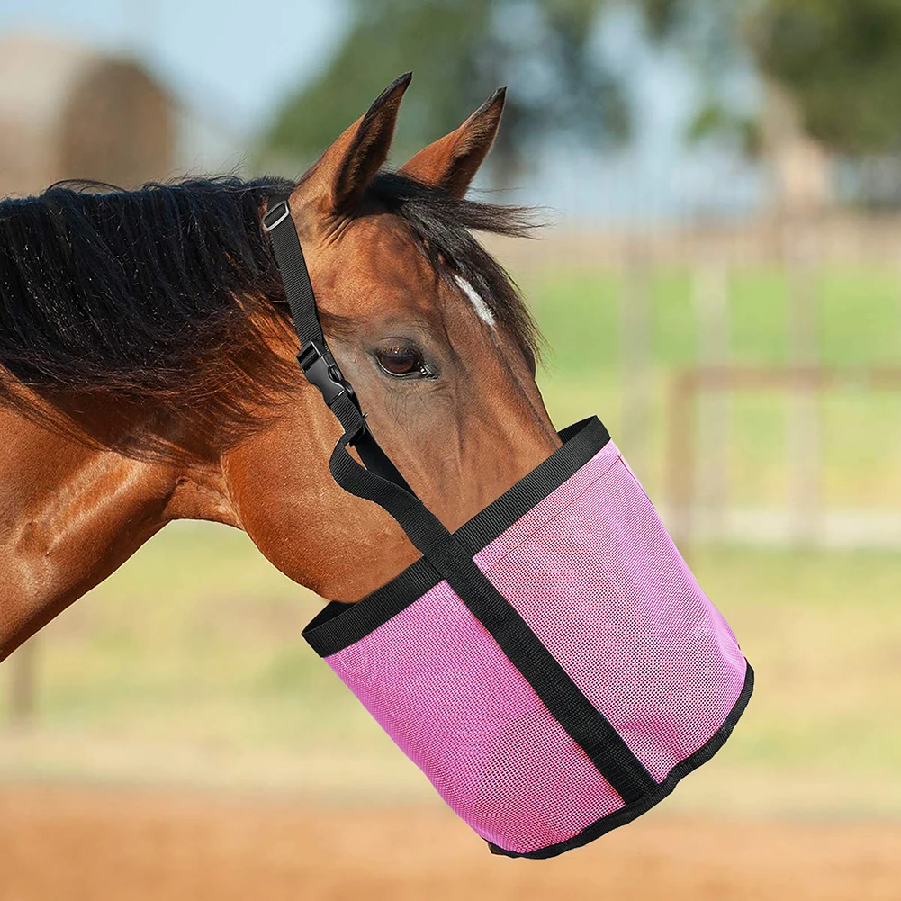 Bolsa de alimentación para caballos, Cubo de malla transpirable, cómoda, resistente, con correa ajustable, 9,44x9,64 pulgadas, 1 unidad