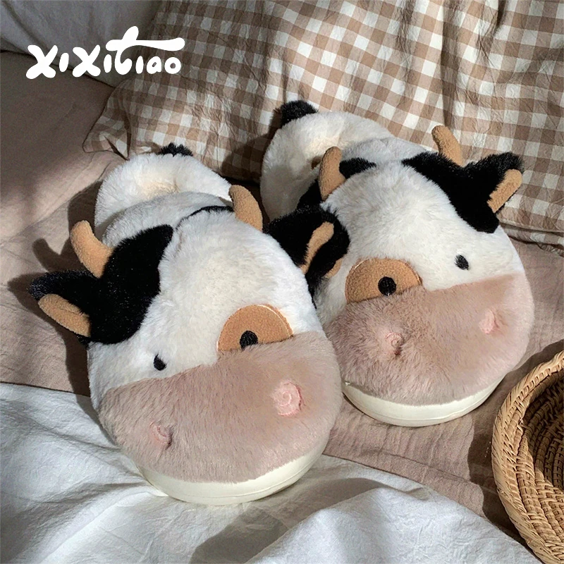 XIXITIAO Warm Cow Slippers for Women Cartoon Cute Plush Soft Thick-Soled Indoor Slippers Winter Home Couples Shoes Surprise Gift image 5