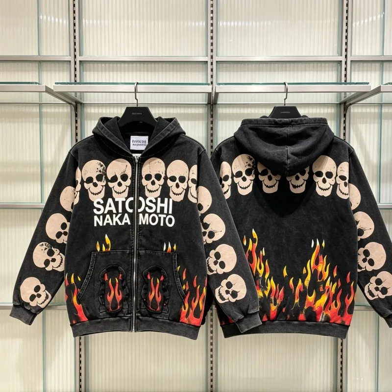 2XL Hiphop Street Distressed Washed Worn SATOSHI Zip-up Hoodie Flame Skeleton Vintage Faded Print Jacket Men Women Terry Outfit
