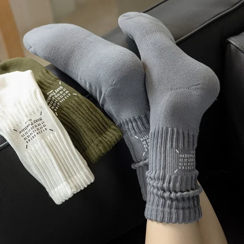 1/3pairs Men\'s Street Vintage Letter Medium Tube Socks Japanese Thickened Sports Socks Towel Bottom Couple Knitted Sports Socks
