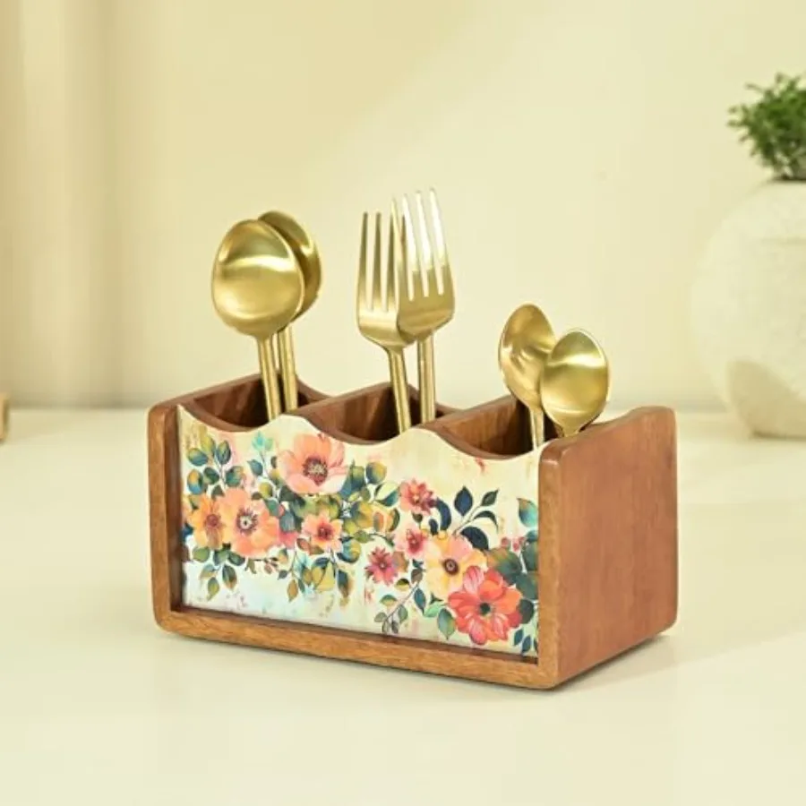 

® Premium Wooden Pastel Flora Cutlery Holder Spoon stand for kitchen cutlery holder for dining table wooden caddy storage organ