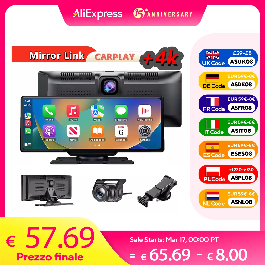 

10.26inch Touch Screen 4K Car DVR Dash Cam Wireless CarPlay Android Auto GPS Navi For Apple Android Dual Lens Video Recorder