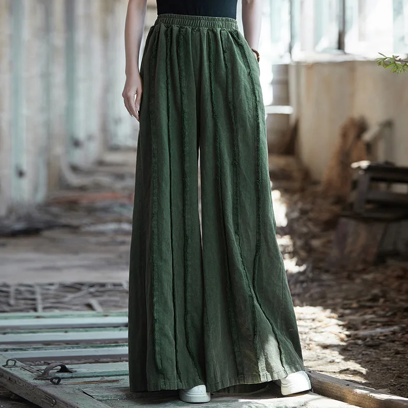 Spring Autumn Cotton Linen Women's Clothing Patchwork Wide-leg Pants Vintage Harajuku Trousers Elastic High-waisted Black Pants