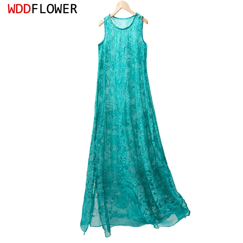 

Women Silk Tank Dress 100% Mulberry Silk Transparent Long Type Lake Blue Embroidery Sleeveless O neck A-Line Midi Dress MM951