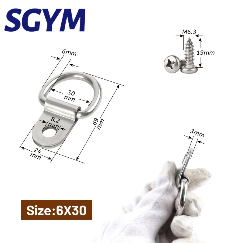 SGYM 6*30mm 304 Stainless Steel D Ring 1/4‘’  Hangers with Screws D Ring Hanging Single Hole Surface Mount Tie Down Anchors Hook