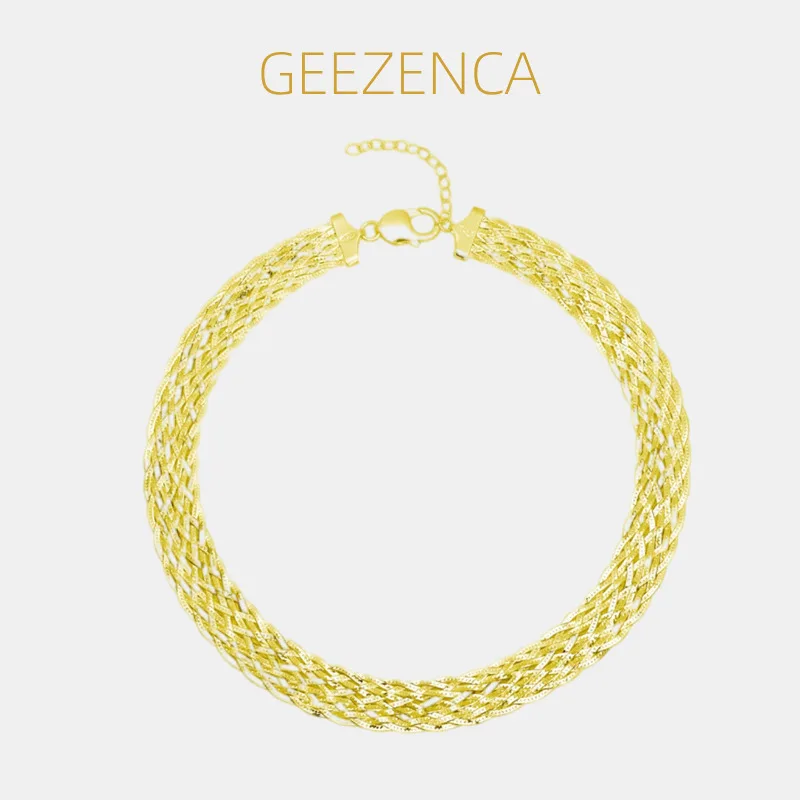 

GEEZENCA Italian Jewel 925 Sterling Silver Braided Flat Necklace For Women 10-Strand Woven Chain 12MM Wide Choker Necklaces Gift