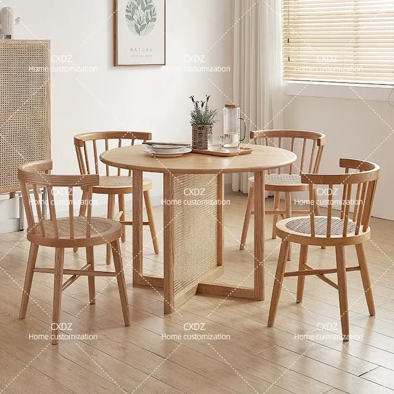 Nordic Rattan Solid Wood Round Dining Table and Chair Set Japanese Style Simple Modern Household Small Apartment Furniture