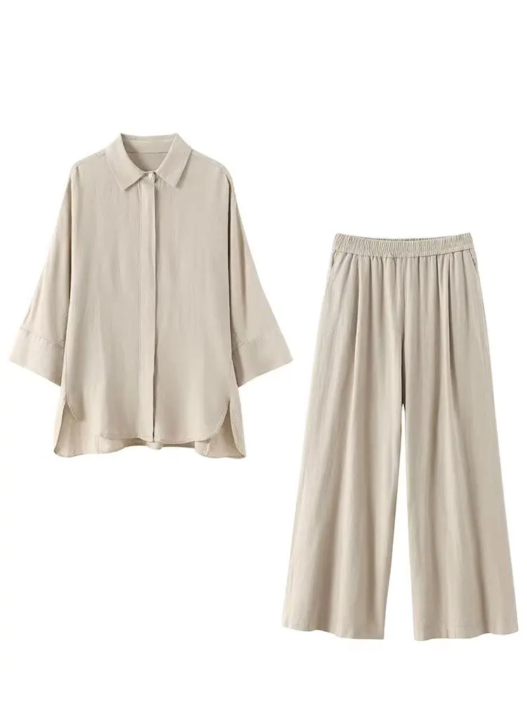 Hh feminino casual sólido blusa calça define solto manga longa lapela camisas cintura elástica calças de perna larga senhora do escritório terno