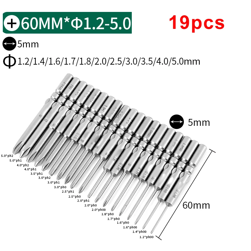 

19pcs/set Electric 801 5mm Magnetic Round Shank Phillips Screwdriver Bit Set Hand Tools 60mm Length Cross Head PH00 PH0 PH1 PH2