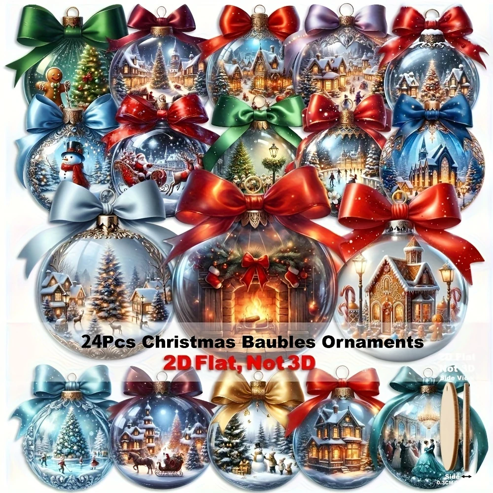 

24PCS Christmas Wooden Ball Decorations 2D Flat Pendant Set Festive Home Window & Ceiling Decor Easy-to-Assemble Holiday Ornamen