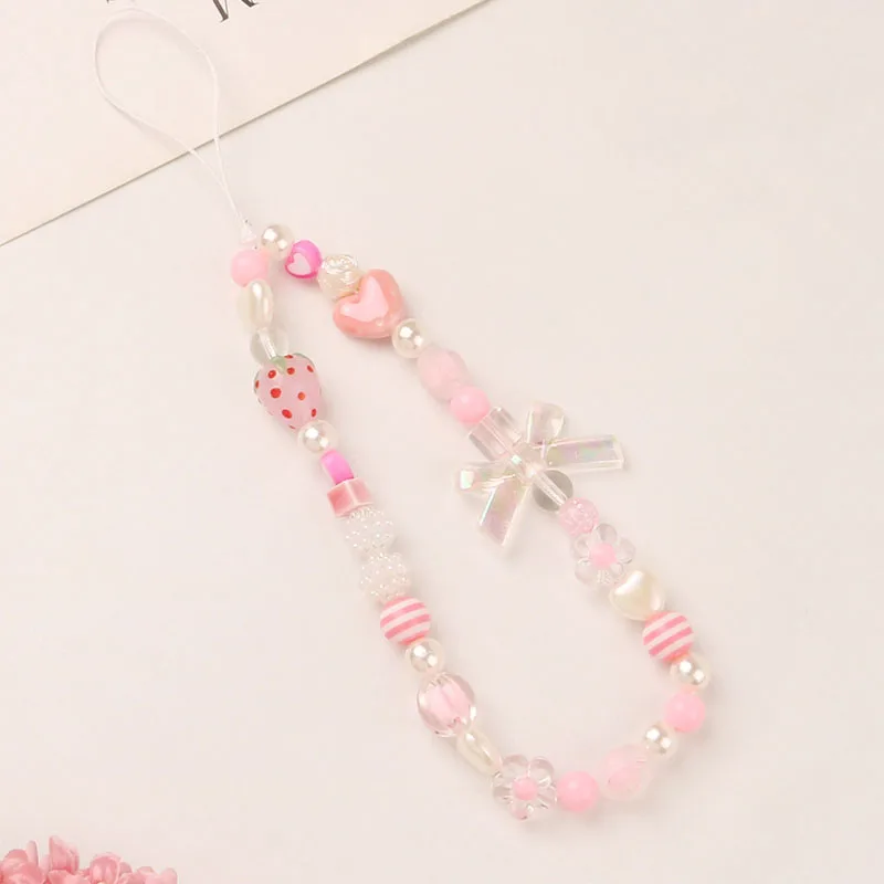 Fashion Strawberry Romantic Heart Pearl Geometry Beaded Charm Lanyard Decoration Bracelet Mobile Phone Chain Women Pink Jewelry