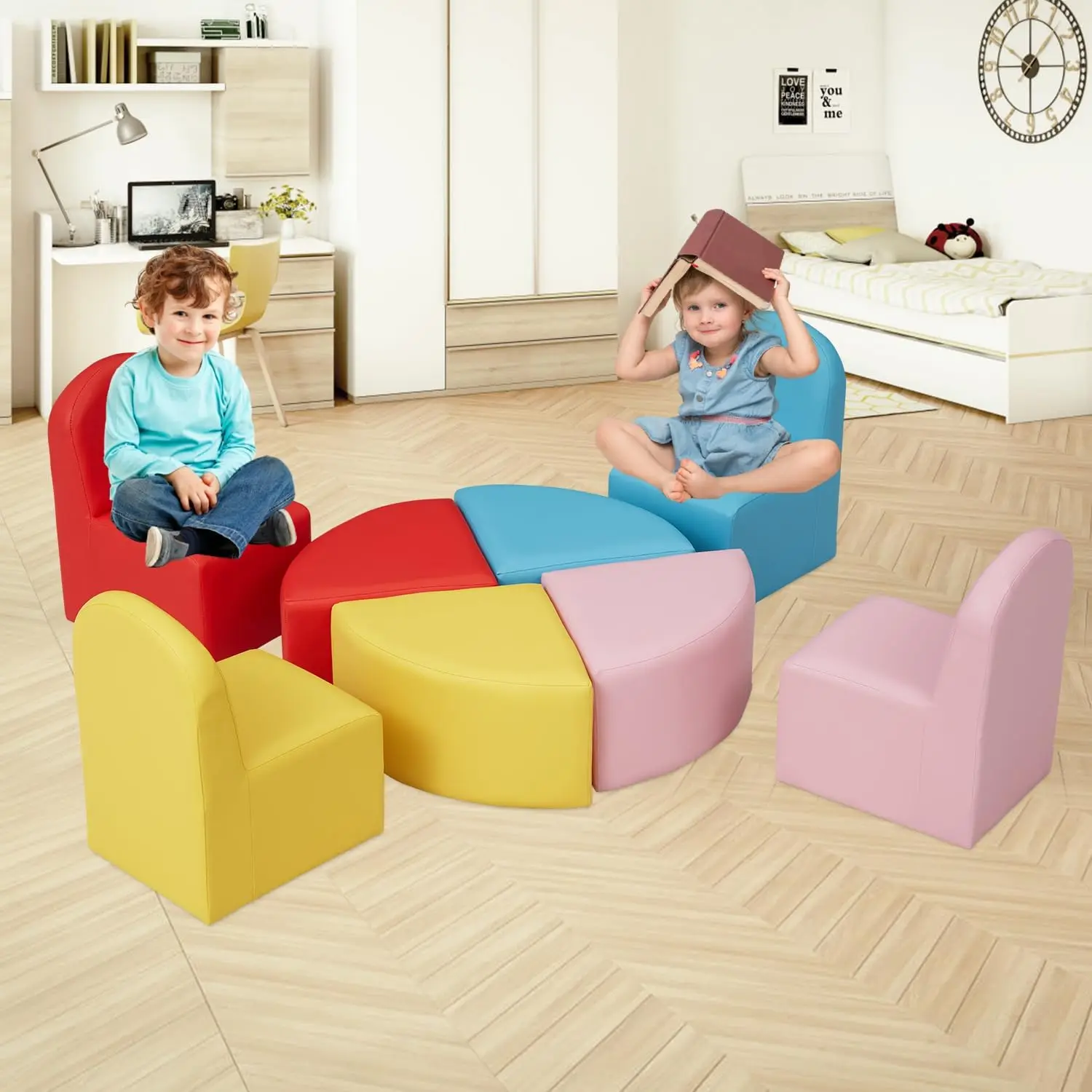 Flexible Seating Set Children's Area Sofa Soft Stool Cartoon Leather Chair for Toddlers Soft Foam Play 8 PCs Kids sectional Sofa