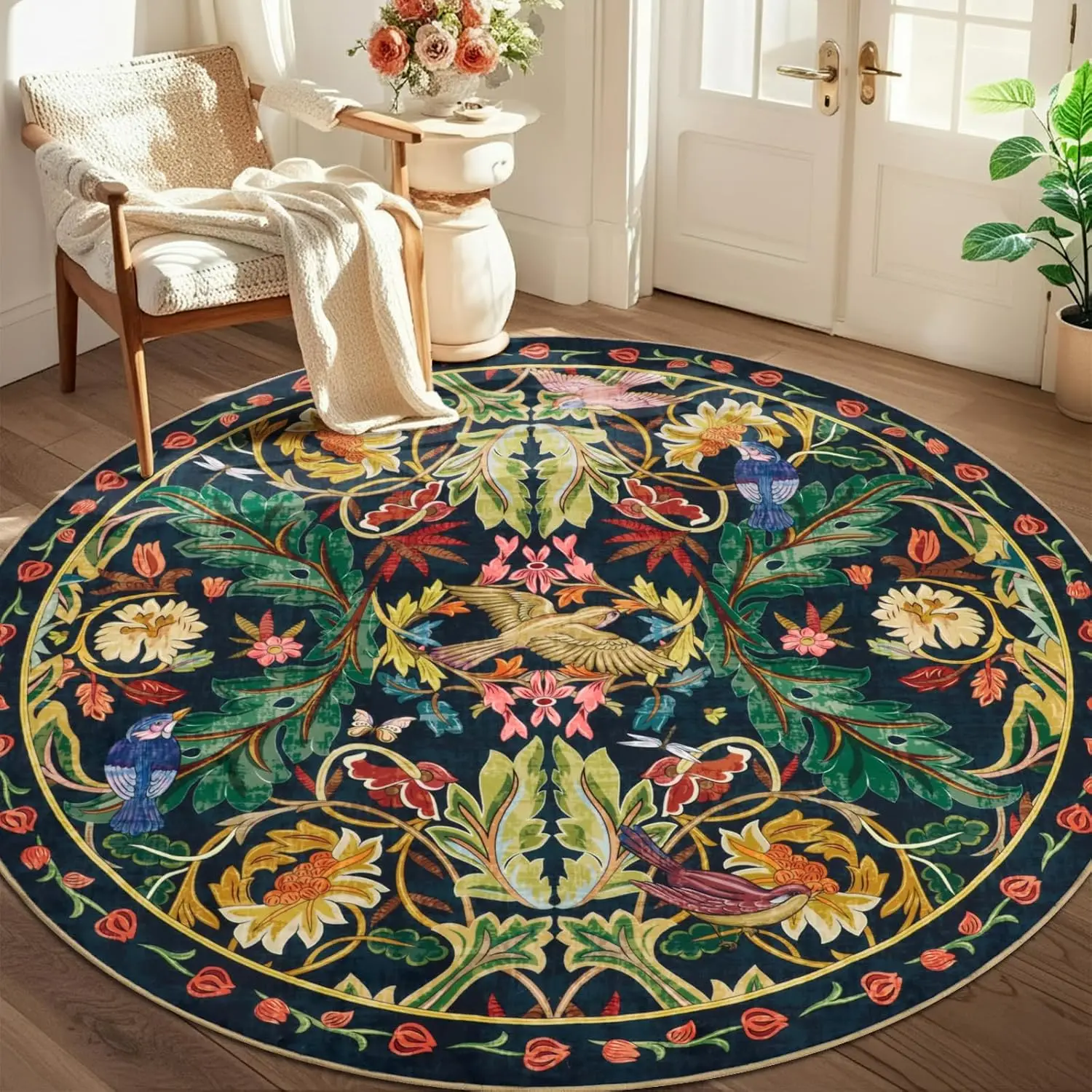 Ornate Round Floral Pattern Area Rug Polyester Tapestry Peacock Bird Design Persian Style Mediterranean Accent Mat Home Decor Fl