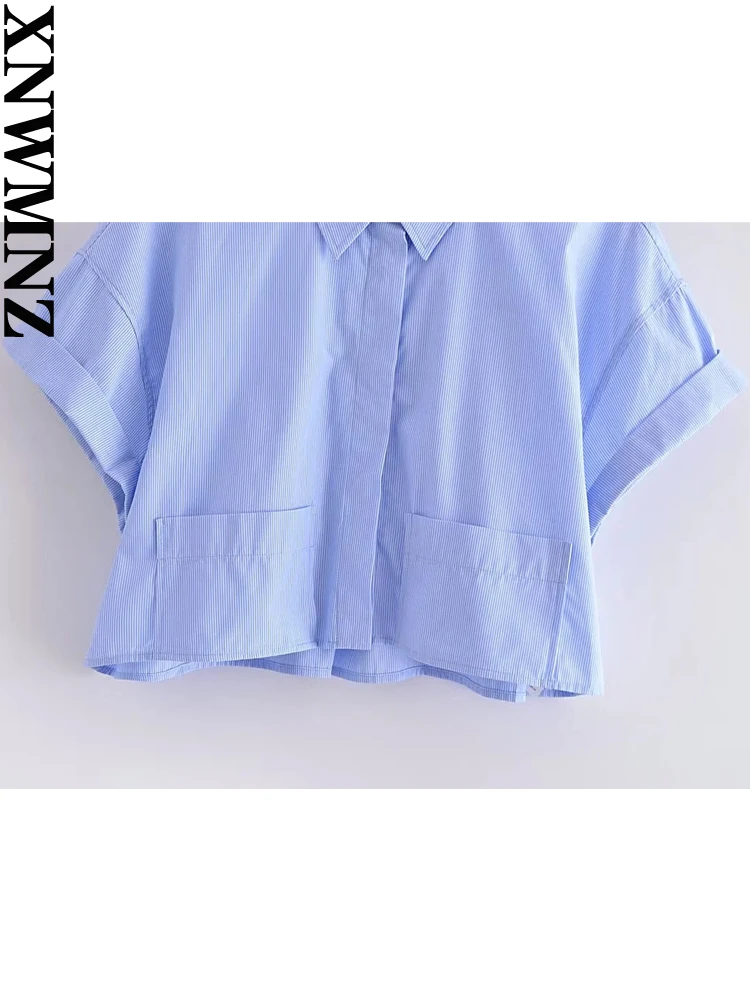 XNWMNZ Women Fashion Crop Poplin Shirt High Street lapel Neck Short Sleeve Patch Pocket Front Button Female Chic Blouse