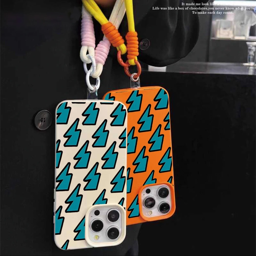 Coole blaue Cartoon-Blitz-Bonbonfarben-Hülle mit Litschi-Muster für iPhone 17 Air 16 15 14 13 12 11 Pro Max Plus mit Lanyard-Abdeckung – Detail 7