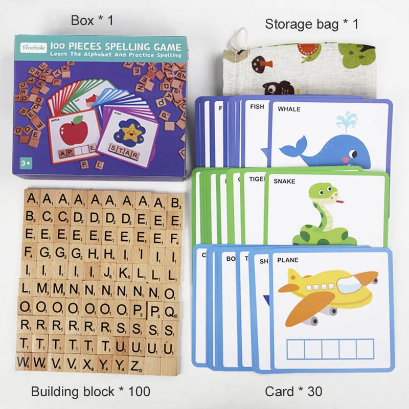 Juguete de palabras de madera Montessori para niños, juego cognitivo de letras, 100 piezas, juegos de ortografía, aprendizaje temprano, juguetes educativos