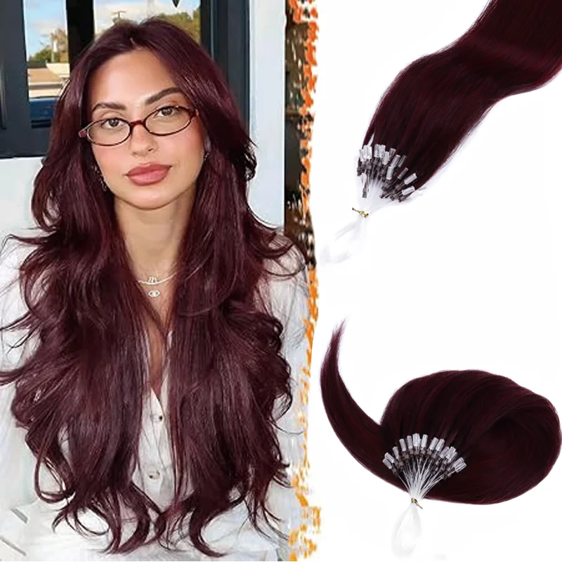 Micro Link Hair Pieces Soft Human Hair Micro Loop Extensions Keratin Glue Invisible Line Straight Natural Long-Lasting Hair