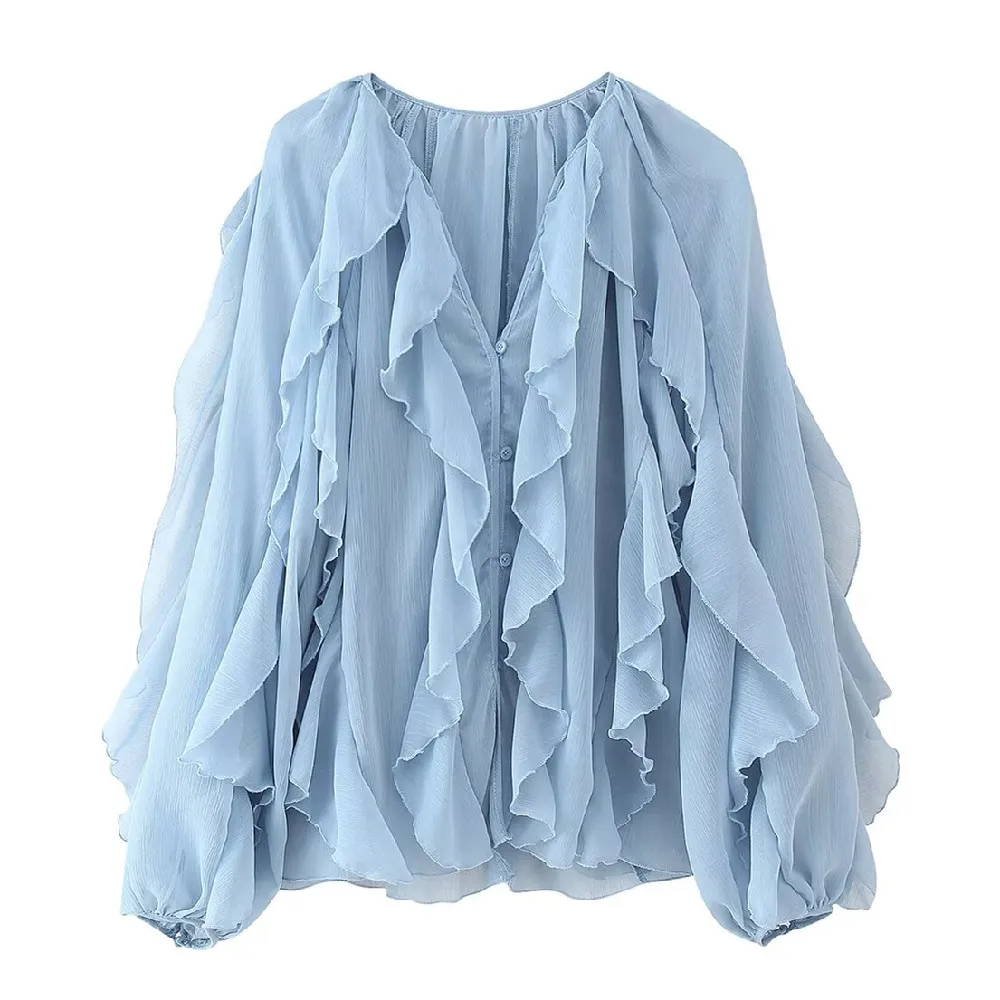 

5 colors 2025 Fashion Cascaded ruffles V neck Open buttons Lantern Sleeve Shirt Women Loose Chiffon Blouse Tops