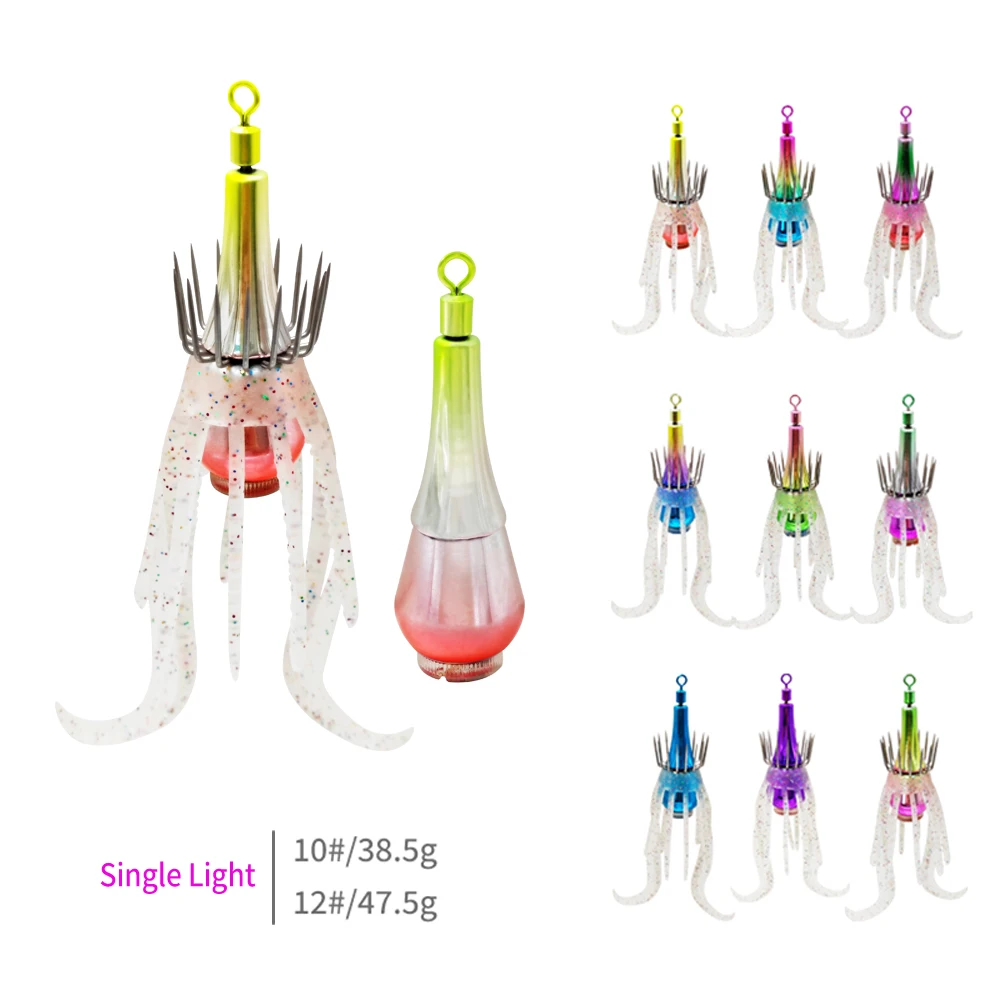 خطافات صيد الحبار الجديدة مع أضواء LED مزدوجة السحر خطافات الصيد الخفيفة 14 # /16 # هوك مقاوم للماء الحبار تهزهز الصيد الخشب الروبيان #5