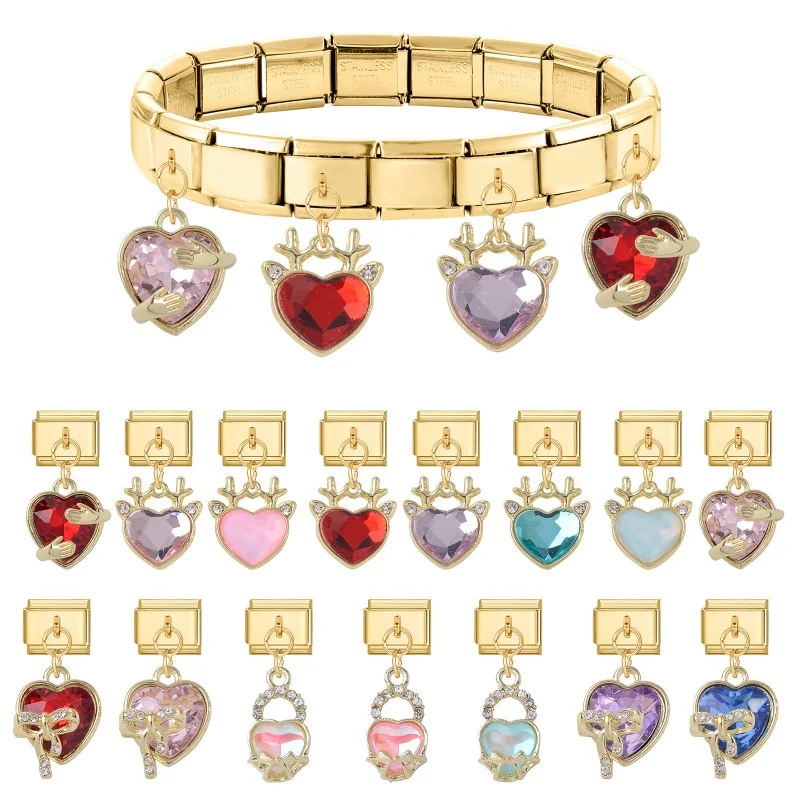 القلب القوس الحب قفل الذهب اللون قلادة الإيطالية سحر الروابط صالح 9 مللي متر الفولاذ المقاوم للصدأ سوار المرأة DIY بها بنفسك صنع المجوهرات #4