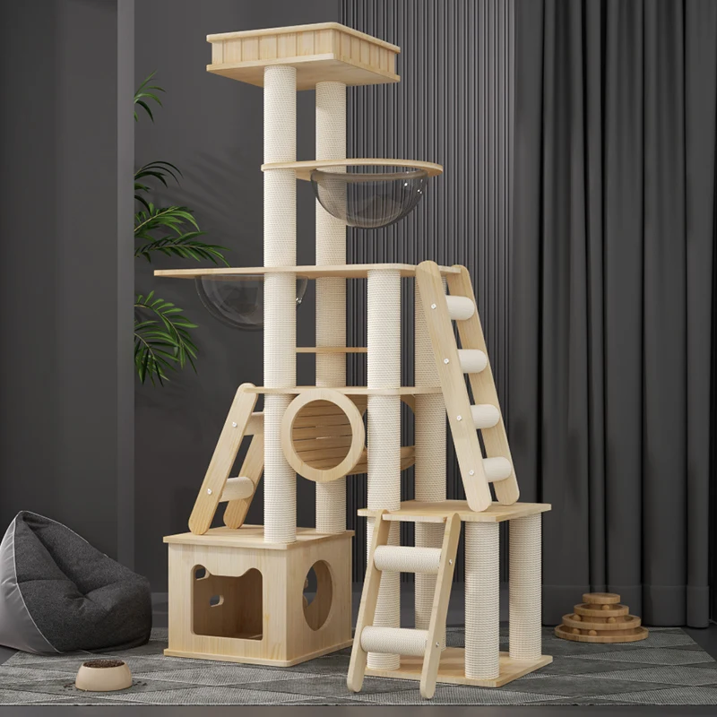 Indoor Wooden Pet Cat Scratching Post Jumping Platform Cat Tree Sisal Multiple Ladders Climbing Frame With Space Capsule