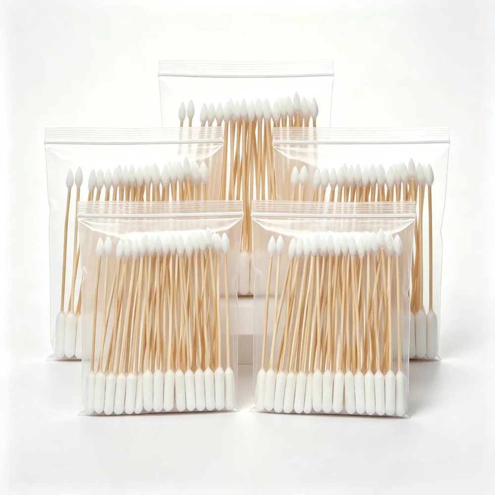15cm Cylindrical & Pointed Dual‑End Cotton Swabs, Wooden Stick Disposable Cotton Buds for Ear Care,Makeup & Household Cleaning