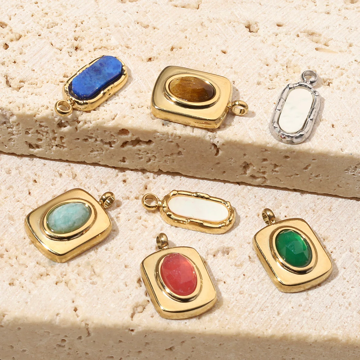 3pcs/Lot French Retro 14k Gold Color Flower Geometric Nature Stone Stainless Steel Charms Clover Necklace DIY Jewelry