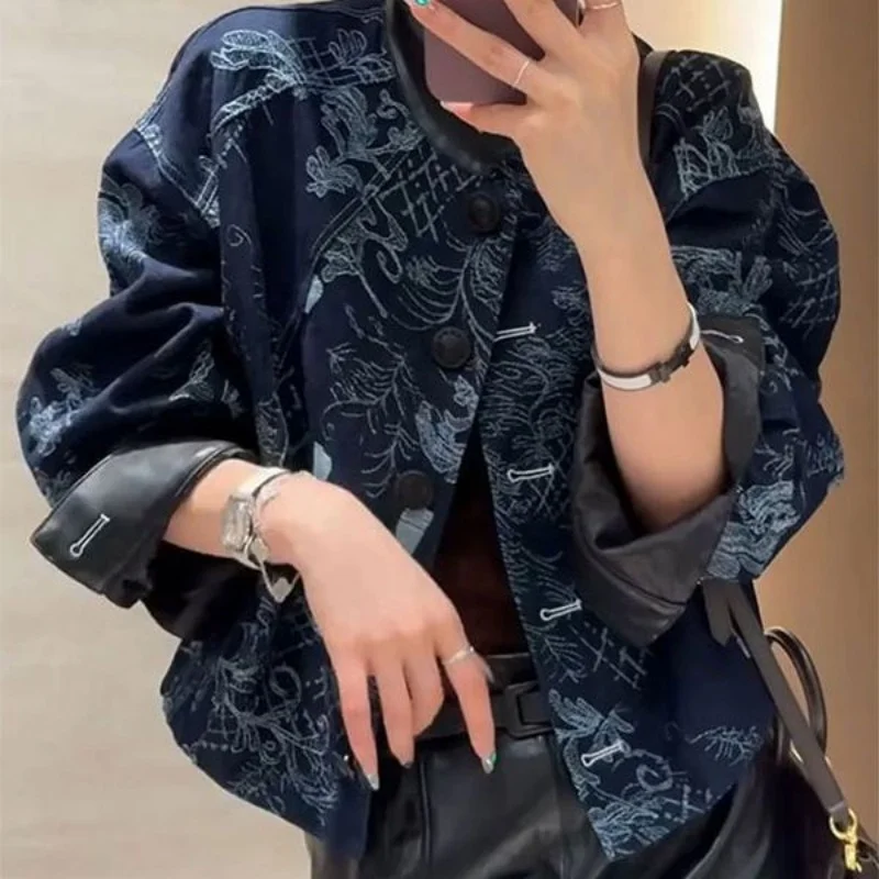 

Женское осеннее пальто с цветочным принтом в китайском стиле, новая высококачественная однобортная куртка, модная роскошная тонкая верхняя одежда с круглым вырезом