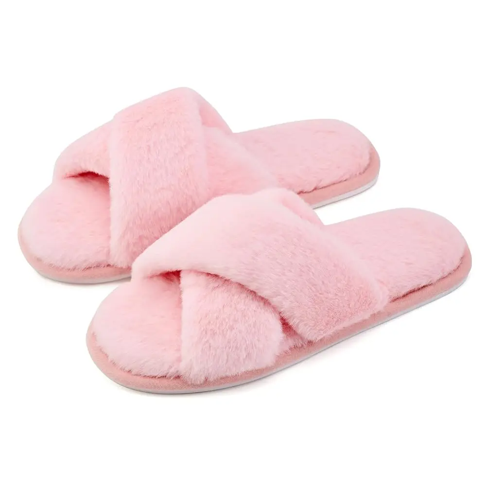 

Women's Fuzzy Slippers Cross Band Memory Foam House Slippers for Women Cozy Indoor Outdoor Open Toe