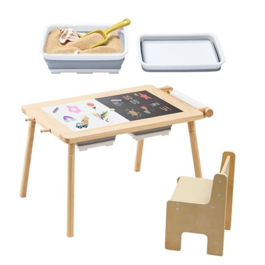 Sensory Table for Toddlers, Multi-Activity Table and Chair Set with Double-Side Graffiti Desktop, Tables with 2 Storage Bins Ro