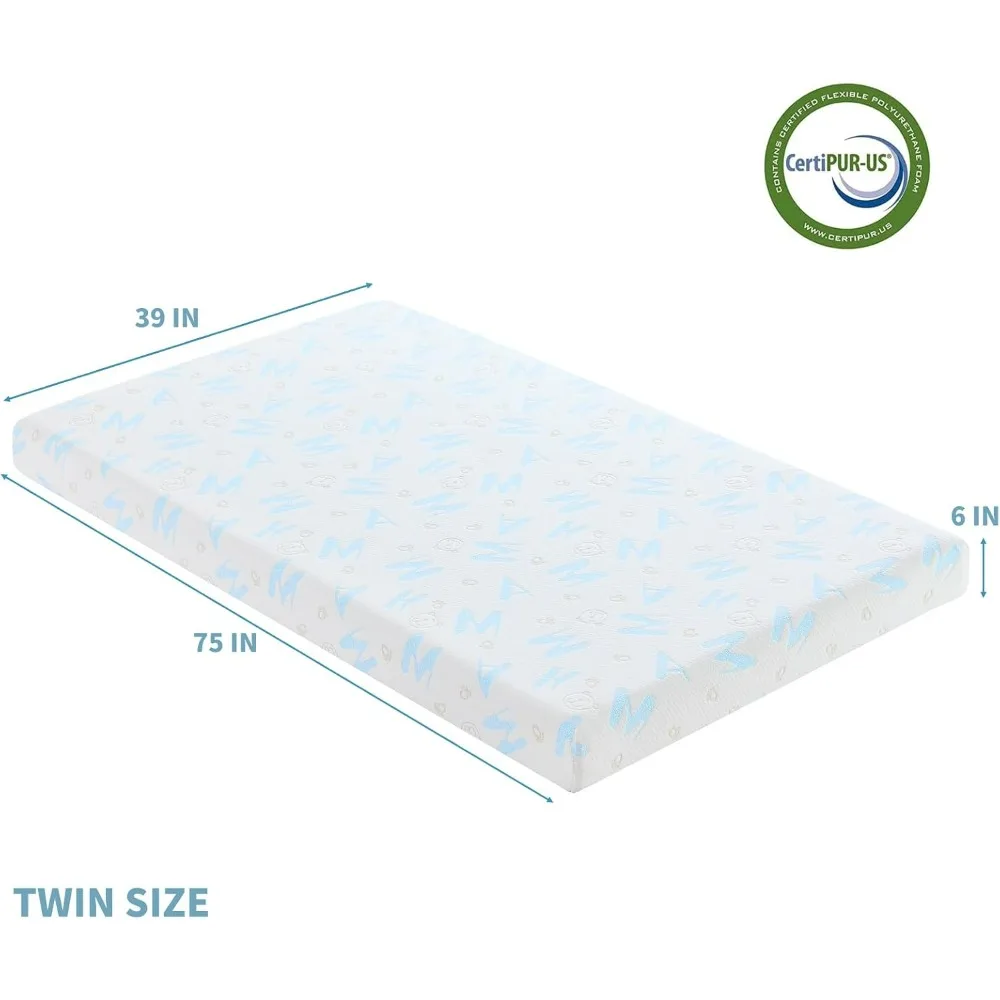 Matelas jumeau de 6 pouces pour enfants, housse perfecemballages et lavable, mousse à mémoire de forme, drapeau moyen, lit dans une boîte