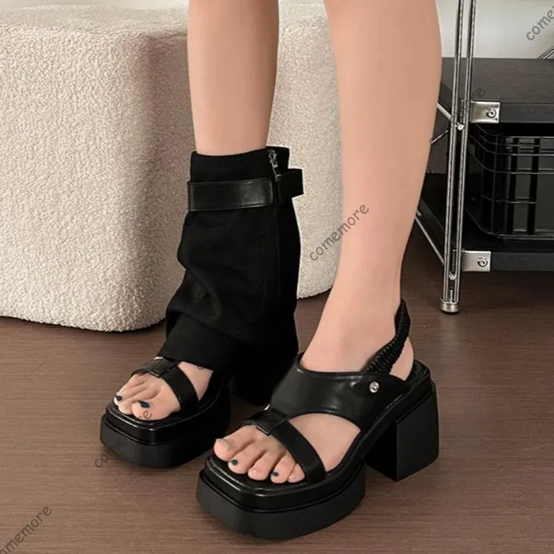 Size40 Women's Denim Foldover Platform Boot Sandals Open Toe Chunky Block Heel Shoes Buckle Strap Streetwear Style Woman Sandals view 3