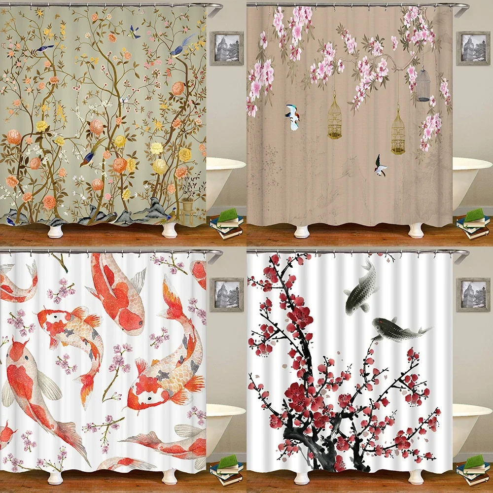 Chinese Style Flower Bird Shower Curtains Waterproof Bathroom Curtain 3d Printed Fabric With Hooks Decoration Shower Curtain