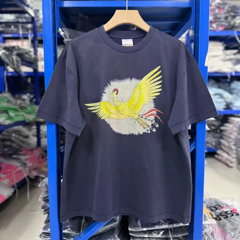 Men Phoenix Graphic T-Shirt Yellow Firebird Print Hip Hop Harajuku Vintage Washed O-Neck Oversized Streetwear Summer Top