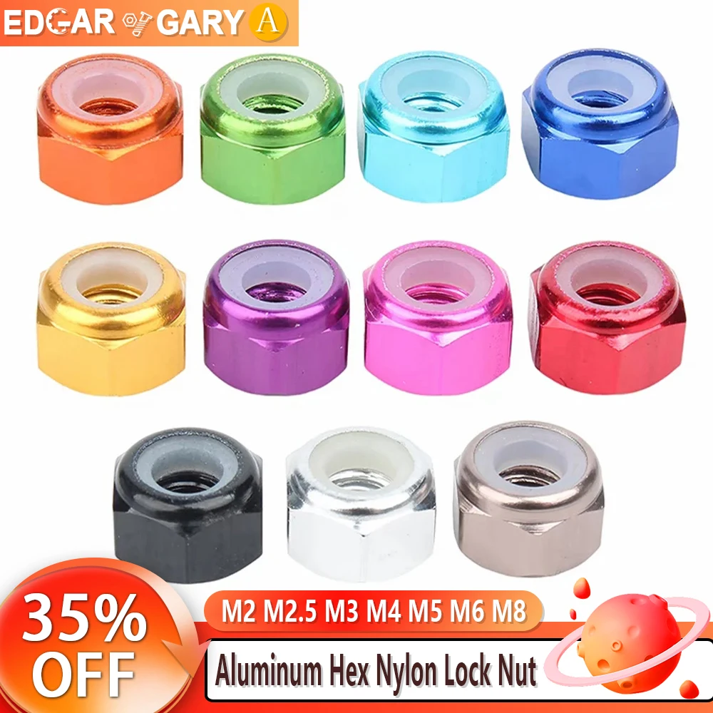 M2 M2.5 M3 M4 M5 M6 M8 Aluminum Hex Nylon Lock Nut Anodized Multi-color Colourful Aluminum Alloy Insert Locking Nuts 5pcs-10pcs