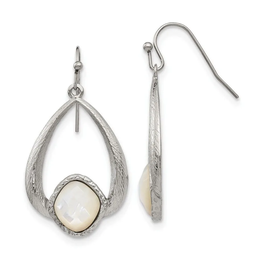 

Chisel Stainless Steel Polished and Textured Mother of Pearl Dangle Shepherd Hook Earrings