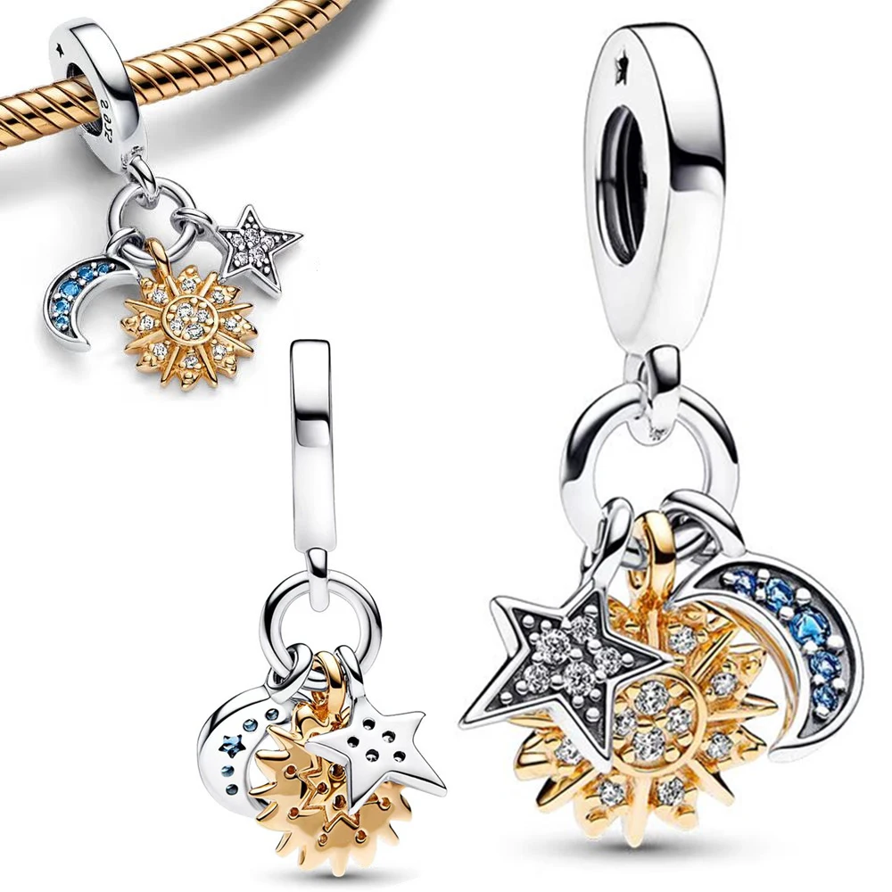 Two-tone Celestial Triple Dangle Charm Silver Plated Fit Pandora Charms Silver 925 Original Bracelet for Jewelry Making