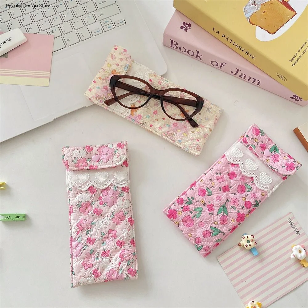 Korean Style Cotton Glasses Storage Bag Lace Heart Multi-Functional Lipstick Bag Sweet Sunglasses Pouch Cute Pencil Case Travel