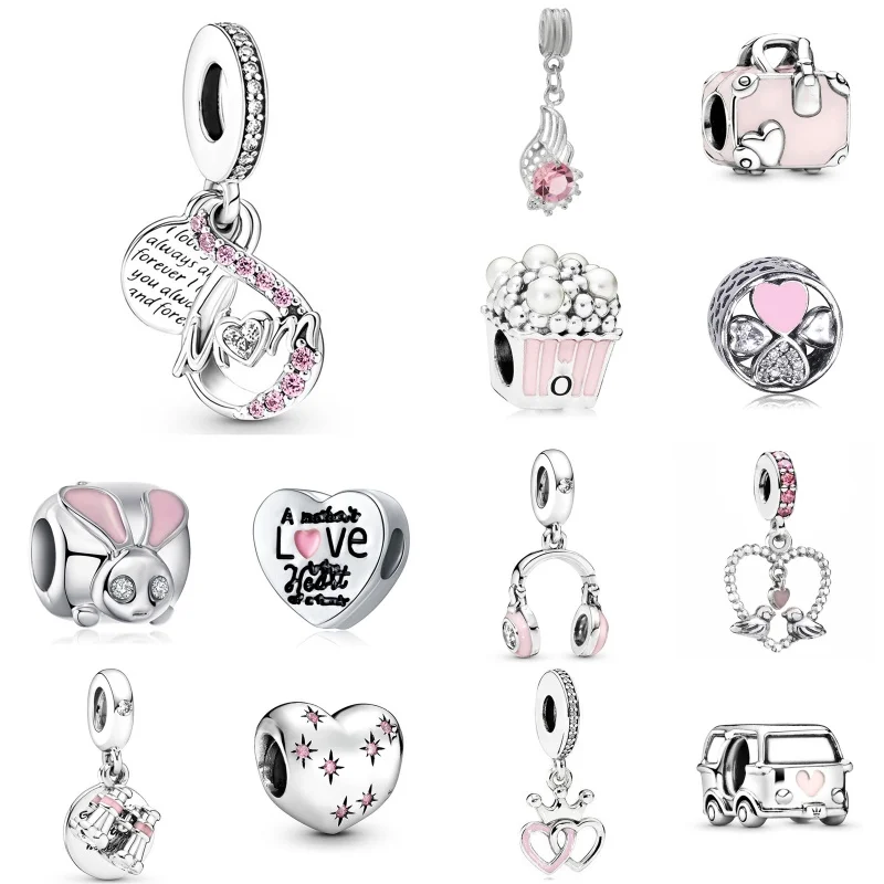 

New Pink Series Heart Charms Beads Fit Original Pandora Bracelets Keychain Necklace DIY Mother's Day Jewelry Gift For Mom