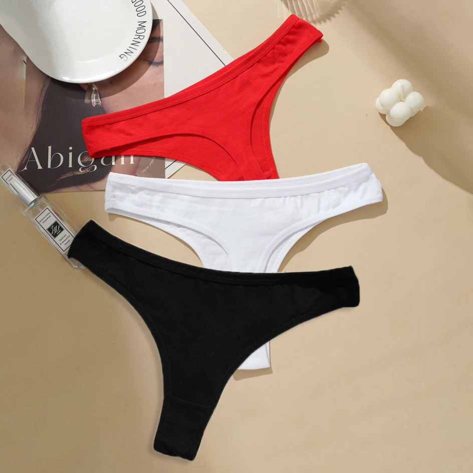 3PCS Cotton Blends T-back Briefs Women's Sexy Low rise Thong Panties L-2XL Plus Size  Simple Breathable Underwear Solid Panty