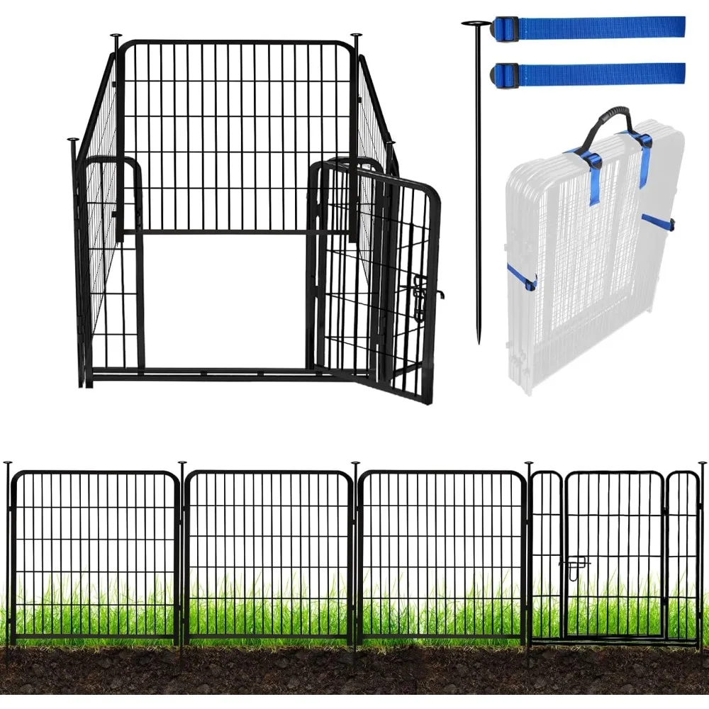 

Tall Garden Fence with Gate, 48in(H) 4 Panels Heavy Duty Iron Metal Fencing Border, Indoor&Outdoor Dog Playpen, Animal Barrier