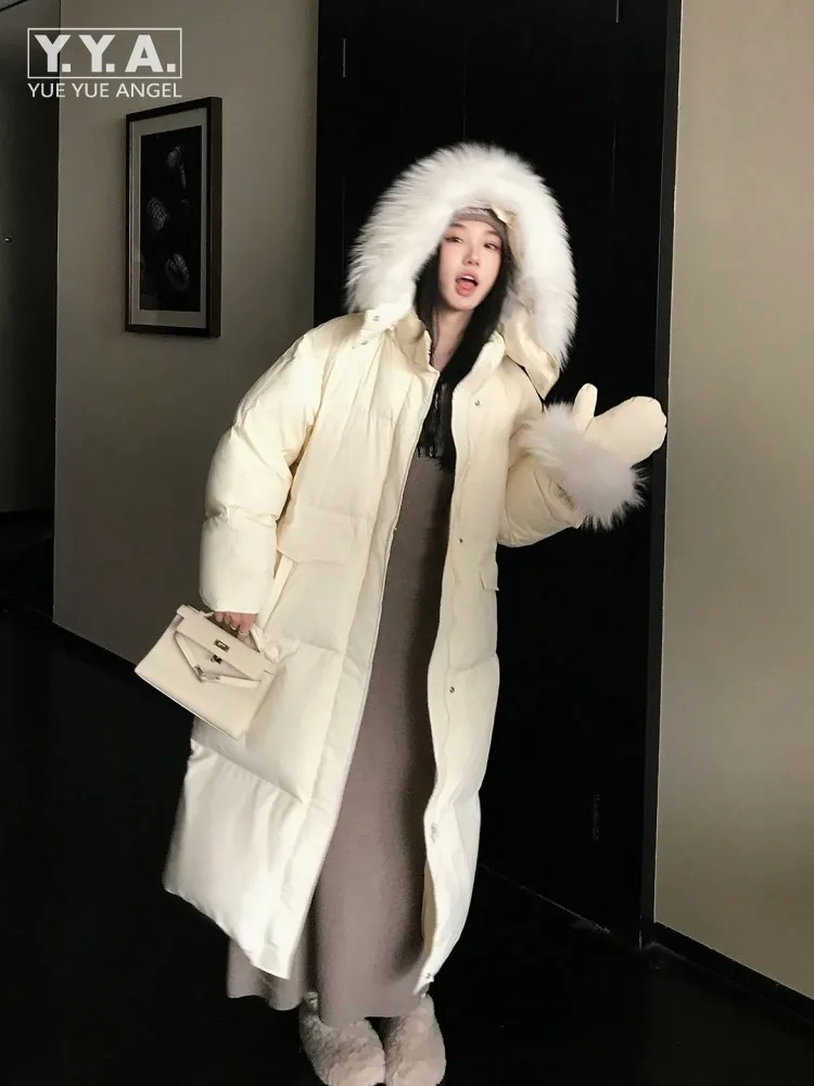 

Women Winter White Duck Down Coat Street Stand Collar Raccoon Fur Hooded Loose Fit High Waist Long Jacket Thicken Warm Outerwear