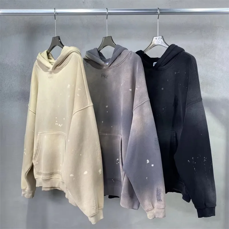 Trendy Design Men‘s Spray Dyeing Hoodies Unisex Loose Washed Ripped Warm Fleece Hooded Pullover Streetwears Couple Loose Hoodie