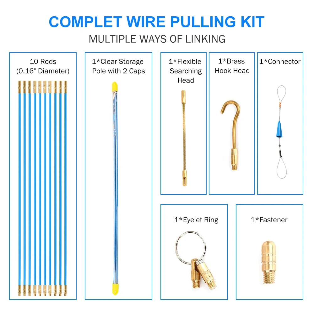 4mm x 1M Electrician Glass Fiber Cable Push Puller Wire Threading Wall Leader Puller Running Wire Cable Fish Tape Pull Push Kit