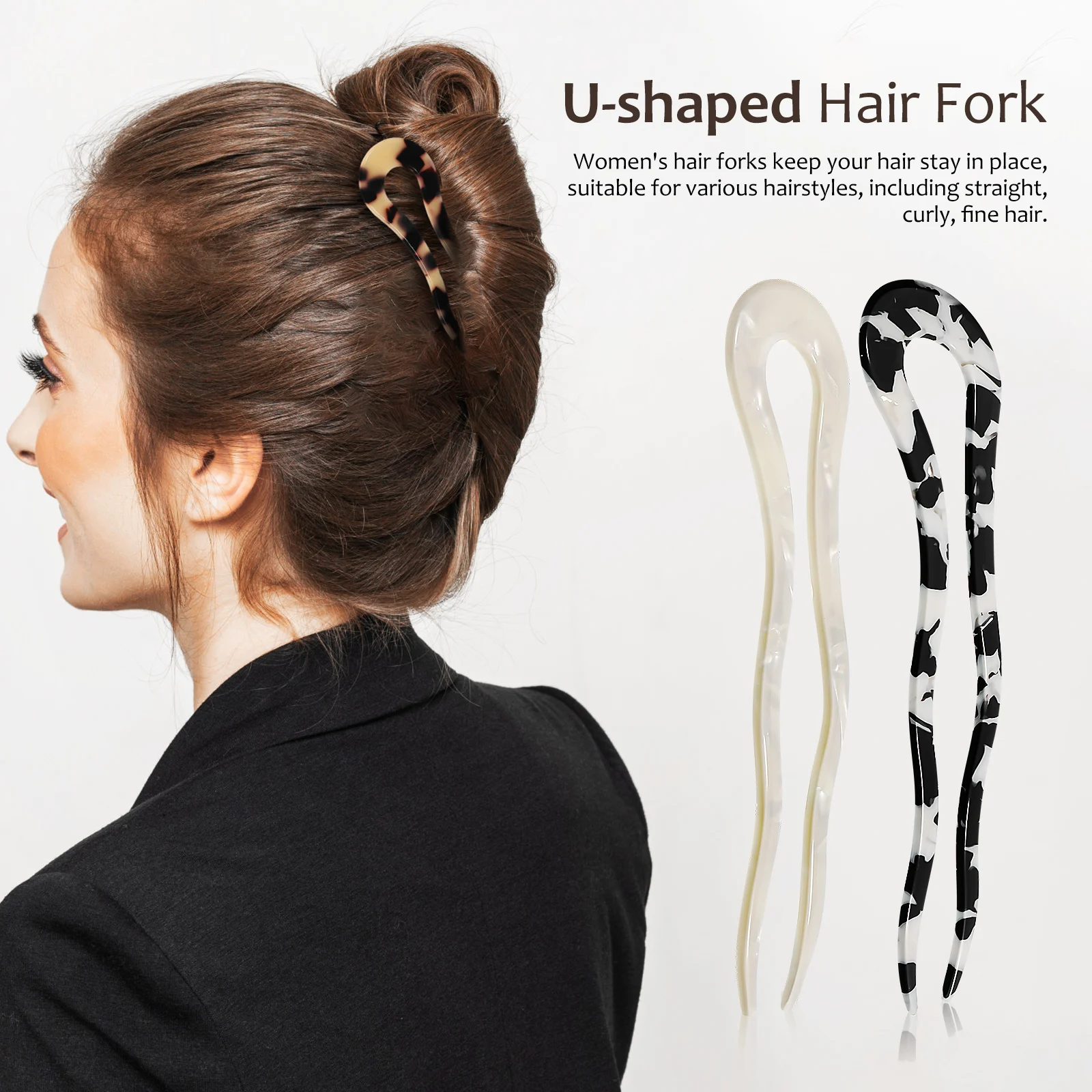 

3 Acetate U-Shaped Hairpins Shallow Tortoise Cow Print Beige Stylish Durable Comfortable Hair Accessories Buns Chignon Women