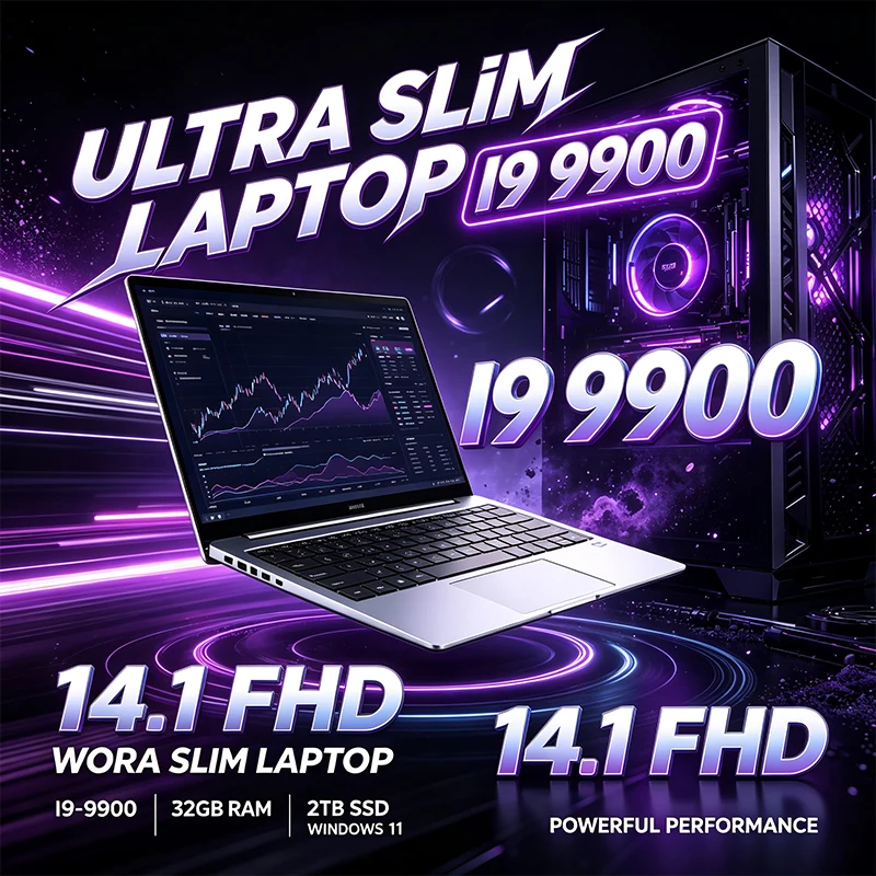 Notebook Ultra Fino de 14,1 Polegadas 120Hz FHD IPS Intel i9-9900 32GB 2TB Teclado Retroiluminado Laptop de Longa Duração para Escritório e Negócios