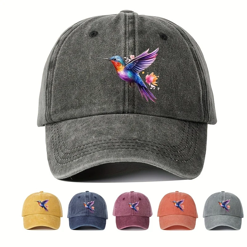 

1 Printed Hummingbird Flower Washed Baseball Cap Neutral Truck Hat Breathable Adjustable Golf Women's Summer Fashion Curved Brim