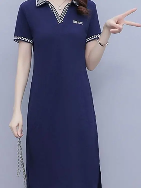 ポロドレス-レディース-夏用-ターンダウンカラー-お腹隠し-アンチエイジング-痩身効果のある-大きめ-カジュアル-スポーツ-ミドル丈-tシャツドレス