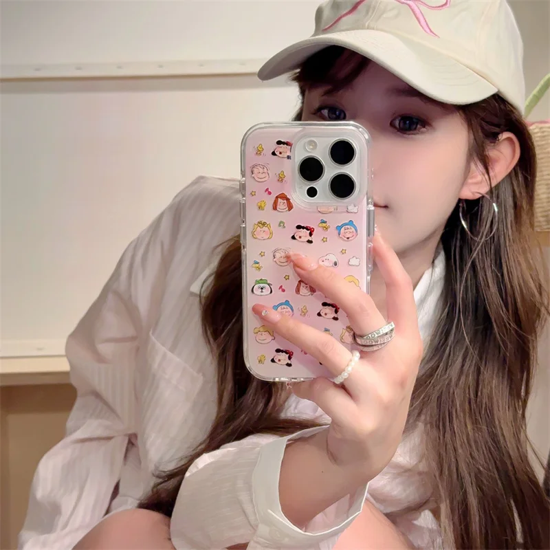 Engraçado dos desenhos animados bonito snoopy charlie marrom uma família feliz capa de telefone para iphone 13 14 15 16 pro max gradiente rosa snoopy caso