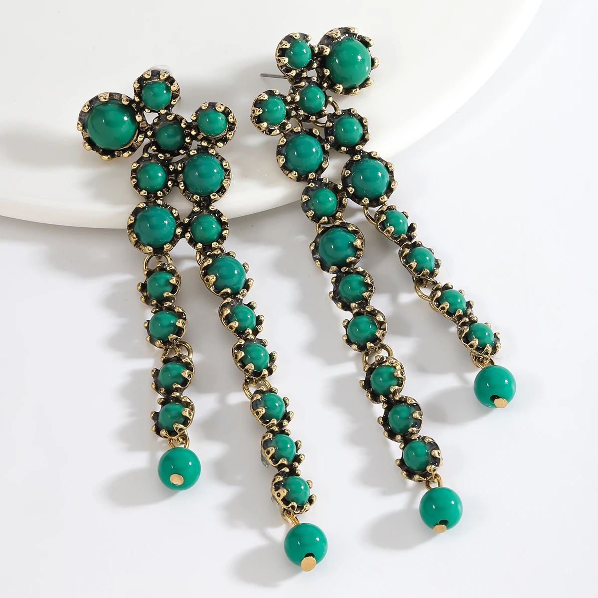 ZAA Resin Stone Earrings Vintage Geometric Pendant Drop Earrings Elegant Textured Drop Earring For Women Banquet Party Accessory